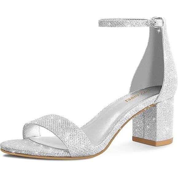 Pizz Annu Womens Size 7.5 Silver Glitter 2" Block Heel Ankle Strap Sandal Shoes - Picture 1 of 7